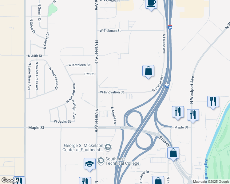 map of restaurants, bars, coffee shops, grocery stores, and more near 3912 West Innovation Street in Sioux Falls