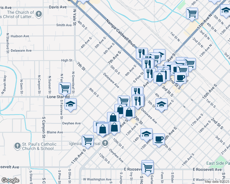 map of restaurants, bars, coffee shops, grocery stores, and more near 616 9th Avenue South in Nampa