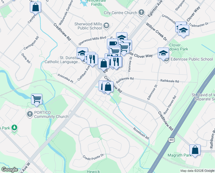 map of restaurants, bars, coffee shops, grocery stores, and more near 1525 South Parade Court in Mississauga