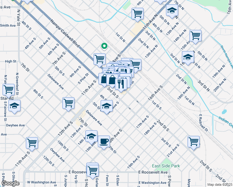 map of restaurants, bars, coffee shops, grocery stores, and more near 224 13th Avenue South in Nampa