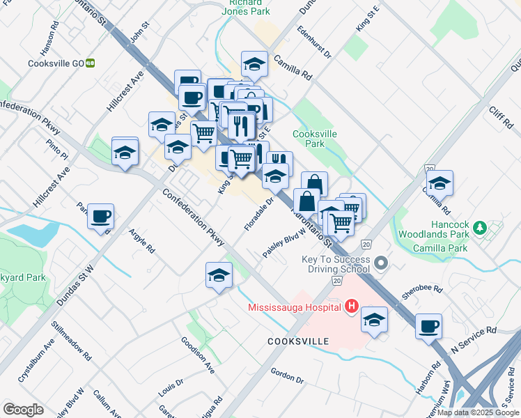 map of restaurants, bars, coffee shops, grocery stores, and more near 2500 Mimosa Row in Mississauga