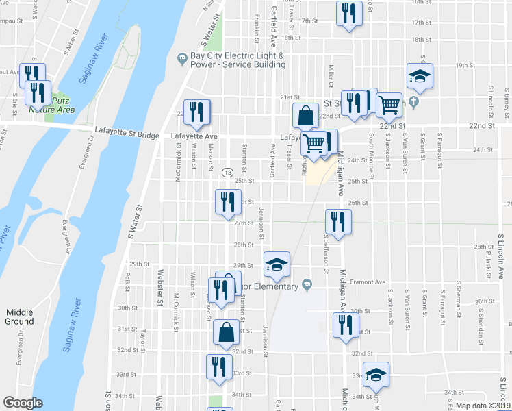 map of restaurants, bars, coffee shops, grocery stores, and more near 710 26th Street in Bay City