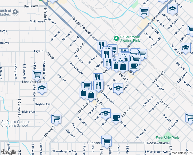 map of restaurants, bars, coffee shops, grocery stores, and more near 503 11th Avenue South in Nampa