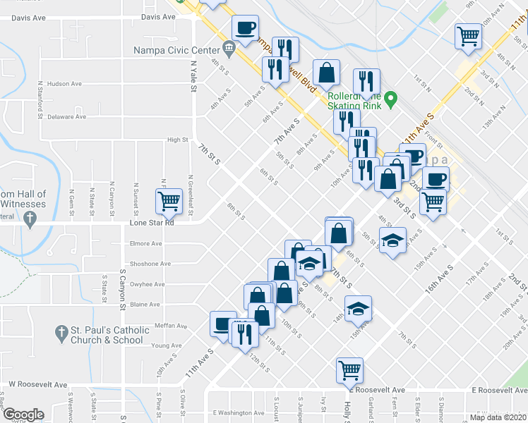 map of restaurants, bars, coffee shops, grocery stores, and more near 815 7th Street South in Nampa