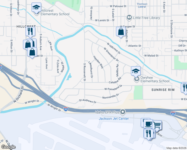 map of restaurants, bars, coffee shops, grocery stores, and more near 2814 Laurelhurst Drive in Boise