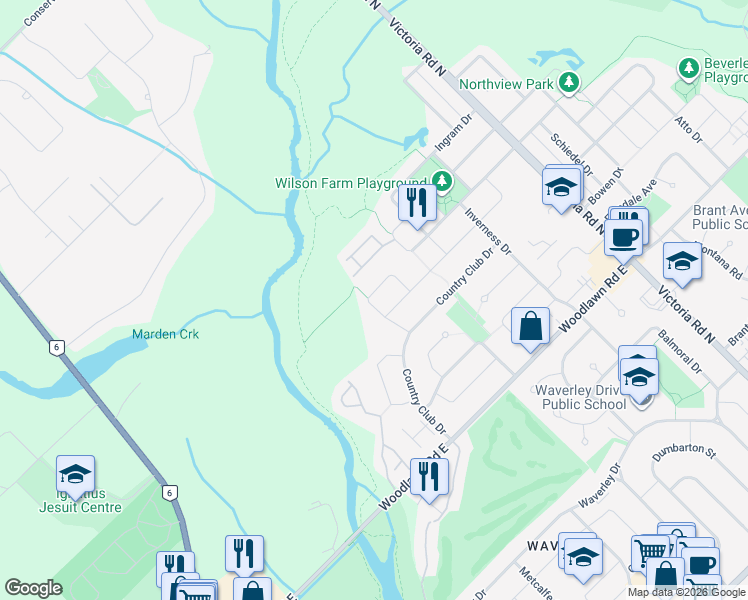 map of restaurants, bars, coffee shops, grocery stores, and more near 27 Hilltop Road in Guelph