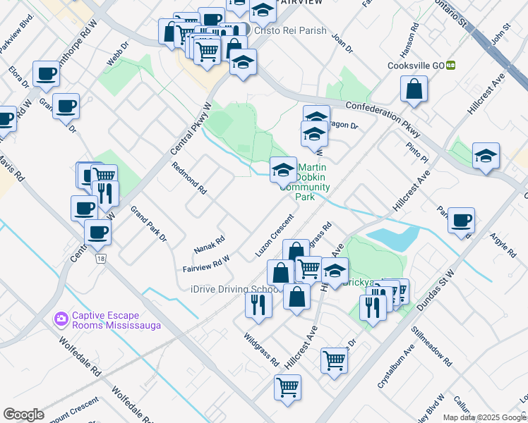 map of restaurants, bars, coffee shops, grocery stores, and more near 483 Fairview Road West in Mississauga
