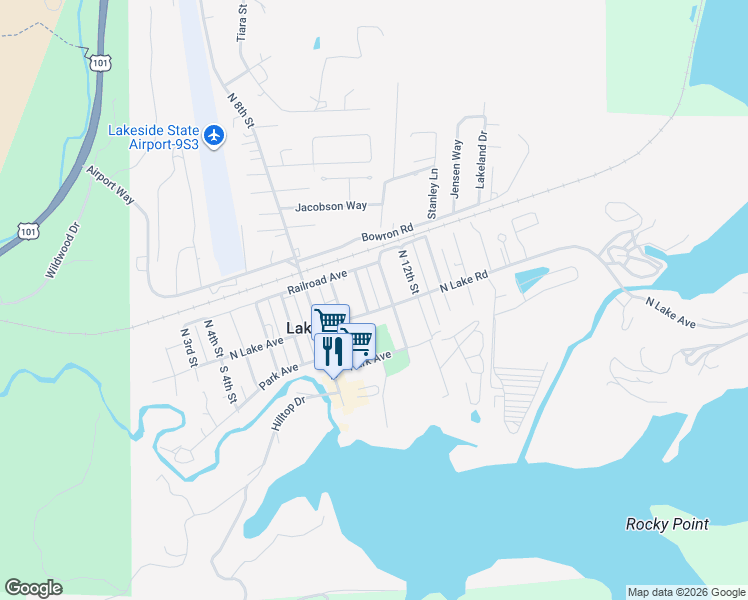map of restaurants, bars, coffee shops, grocery stores, and more near 1000 North Lake Road in Lakeside