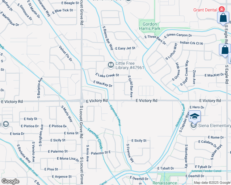 map of restaurants, bars, coffee shops, grocery stores, and more near 3122 Bayou Bar Avenue in Meridian