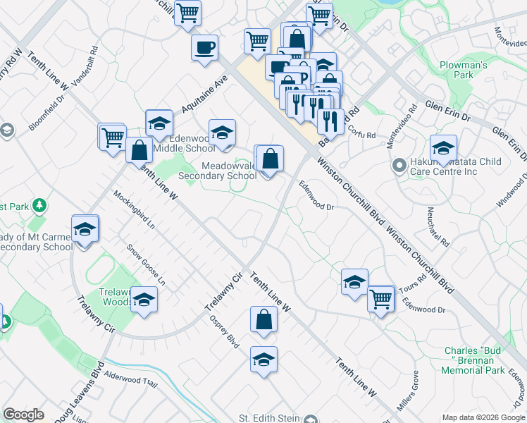 map of restaurants, bars, coffee shops, grocery stores, and more near 3115 Spring Creek Crescent in Mississauga