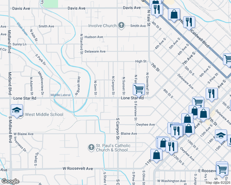 map of restaurants, bars, coffee shops, grocery stores, and more near 6 North Canyon Street in Nampa
