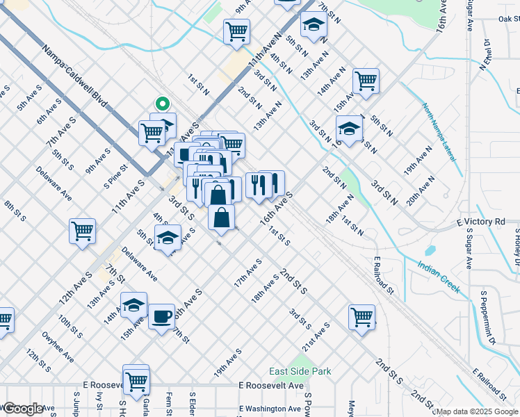 map of restaurants, bars, coffee shops, grocery stores, and more near 1512 1st Street South in Nampa