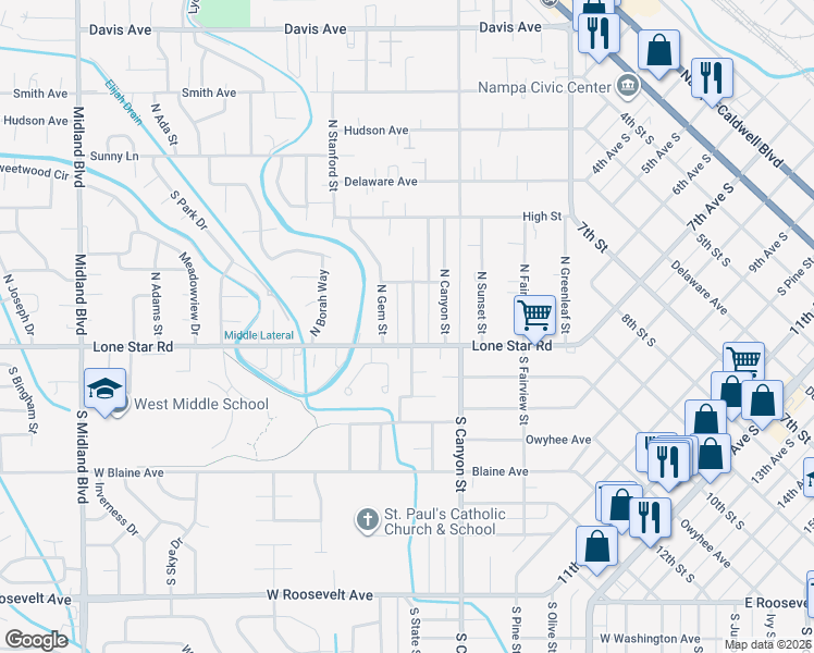 map of restaurants, bars, coffee shops, grocery stores, and more near 7 North State Street in Nampa