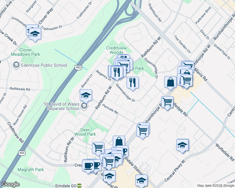 map of restaurants, bars, coffee shops, grocery stores, and more near 4152 Teakwood Drive in Mississauga