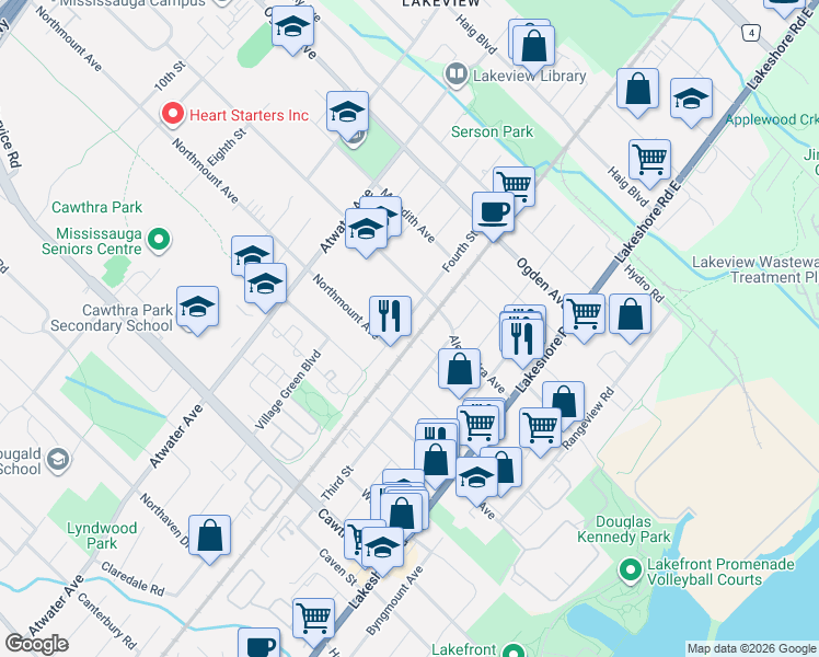 map of restaurants, bars, coffee shops, grocery stores, and more near 896 Fourth Street in Mississauga