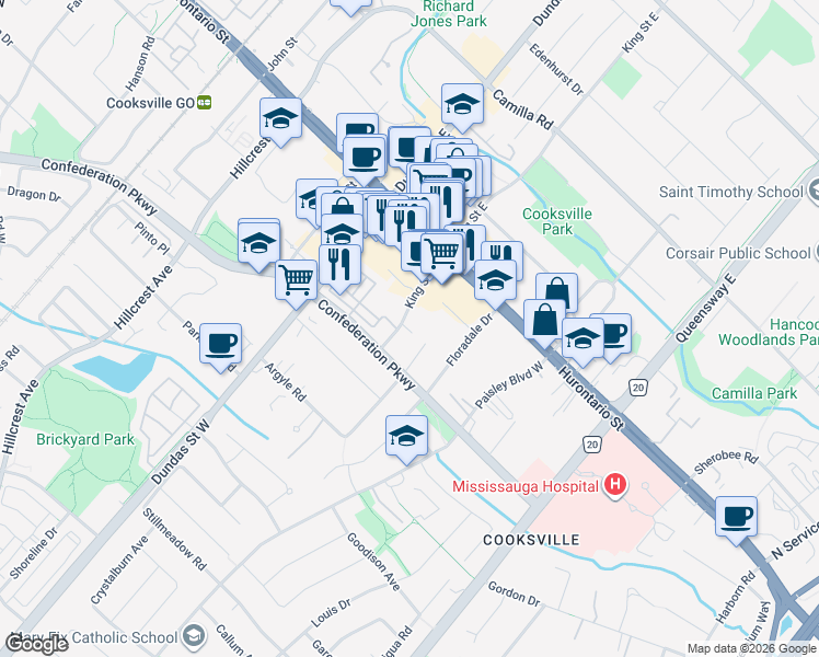 map of restaurants, bars, coffee shops, grocery stores, and more near 80 King Street West in Mississauga