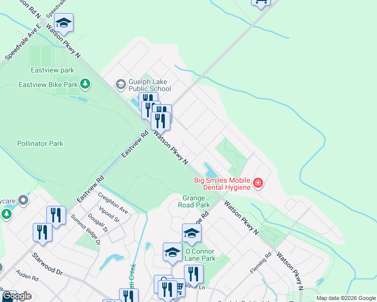 map of restaurants, bars, coffee shops, grocery stores, and more near 20 Shackleton Drive in Guelph