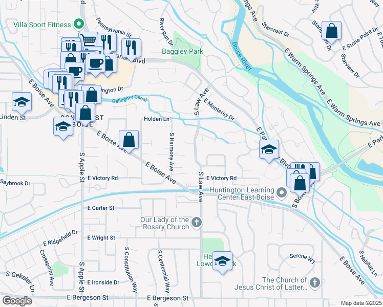 map of restaurants, bars, coffee shops, grocery stores, and more near 2865 South Law Avenue in Boise
