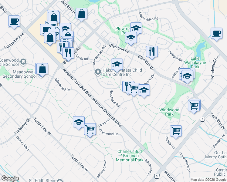 map of restaurants, bars, coffee shops, grocery stores, and more near 6357 Neuchatel Road in Mississauga