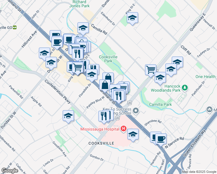 map of restaurants, bars, coffee shops, grocery stores, and more near in Mississauga