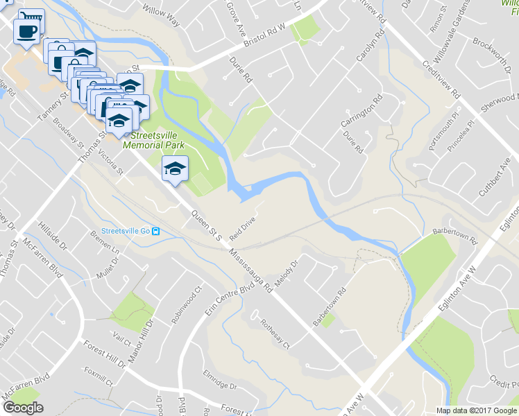 map of restaurants, bars, coffee shops, grocery stores, and more near 24 Reid Drive in Mississauga