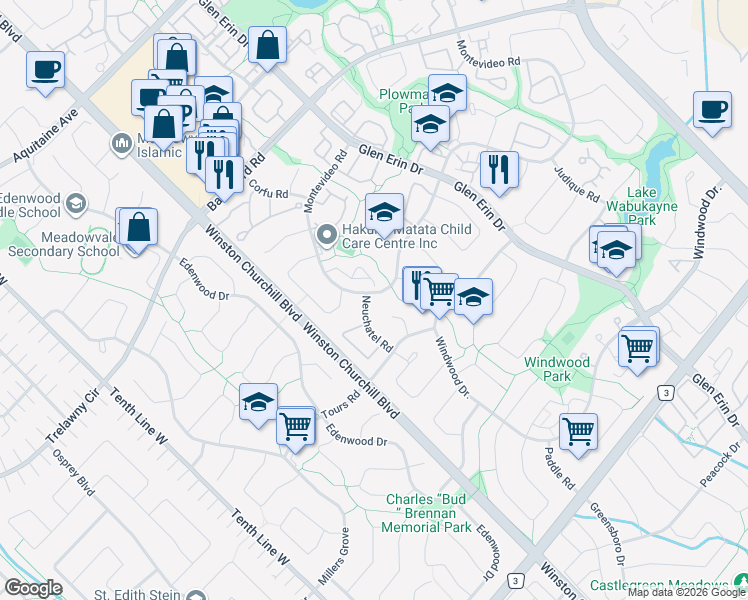 map of restaurants, bars, coffee shops, grocery stores, and more near 6337 Crickadorn Court in Mississauga