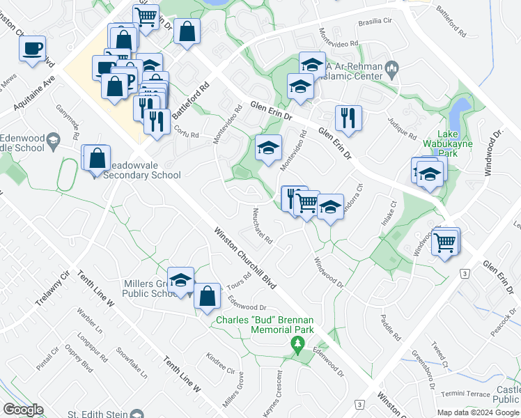 map of restaurants, bars, coffee shops, grocery stores, and more near 6357 Neuchatel Road in Mississauga