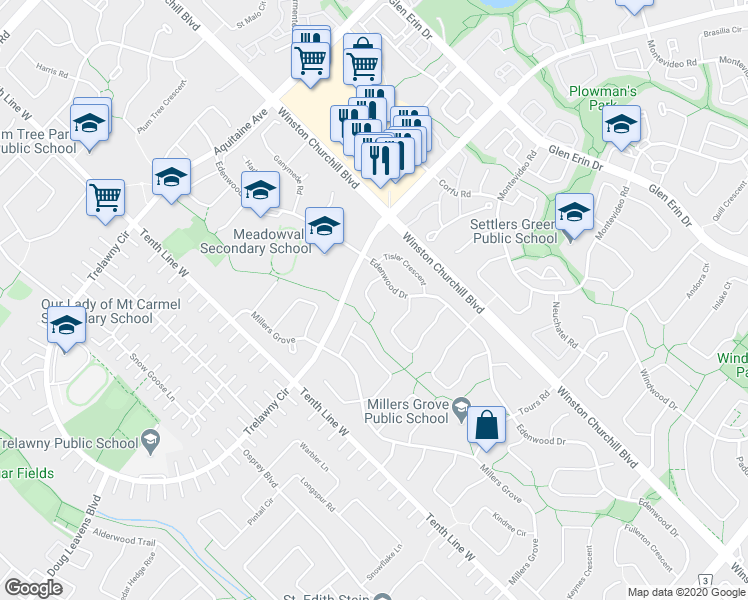 map of restaurants, bars, coffee shops, grocery stores, and more near 6497 Meltzer Mews in Mississauga