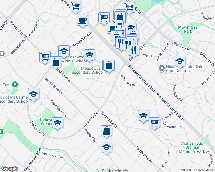 map of restaurants, bars, coffee shops, grocery stores, and more near 3115 Spring Creek Crescent in Mississauga