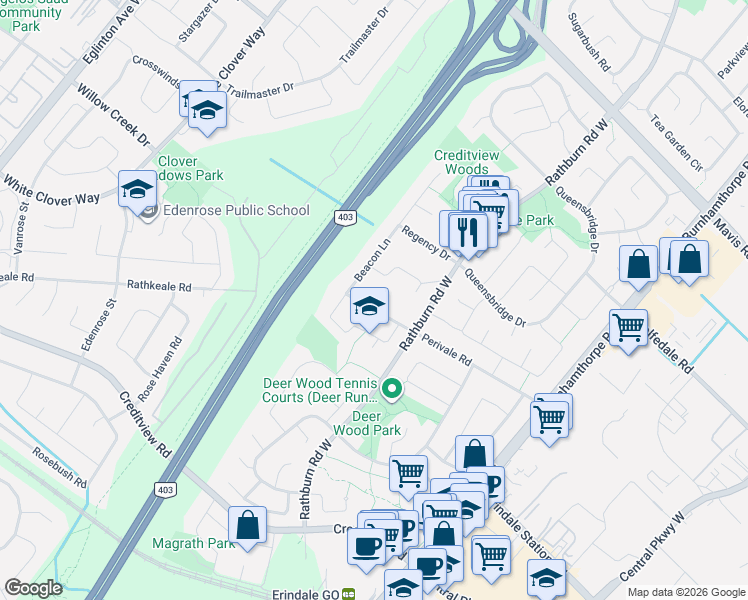 map of restaurants, bars, coffee shops, grocery stores, and more near 4235 Perivale Road in Mississauga