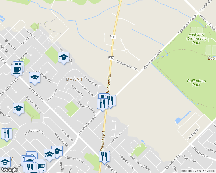 map of restaurants, bars, coffee shops, grocery stores, and more near 141 Brant Ave in Guelph