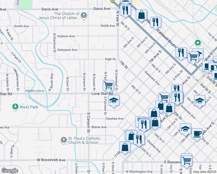 map of restaurants, bars, coffee shops, grocery stores, and more near in Nampa
