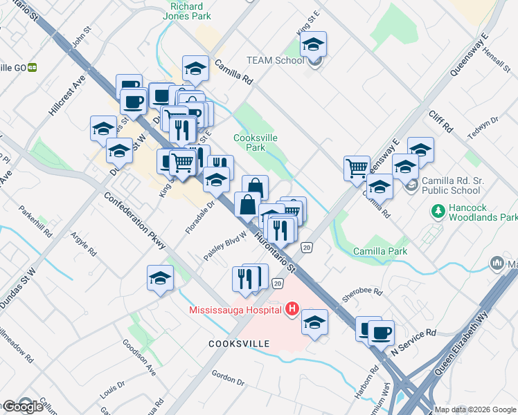 map of restaurants, bars, coffee shops, grocery stores, and more near 27 Paisley Boulevard East in Mississauga