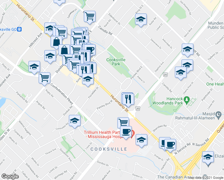 map of restaurants, bars, coffee shops, grocery stores, and more near 2417 Hurontario Street in Mississauga
