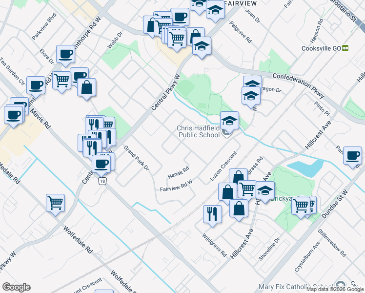 map of restaurants, bars, coffee shops, grocery stores, and more near 399 Naomi Crescent in Mississauga