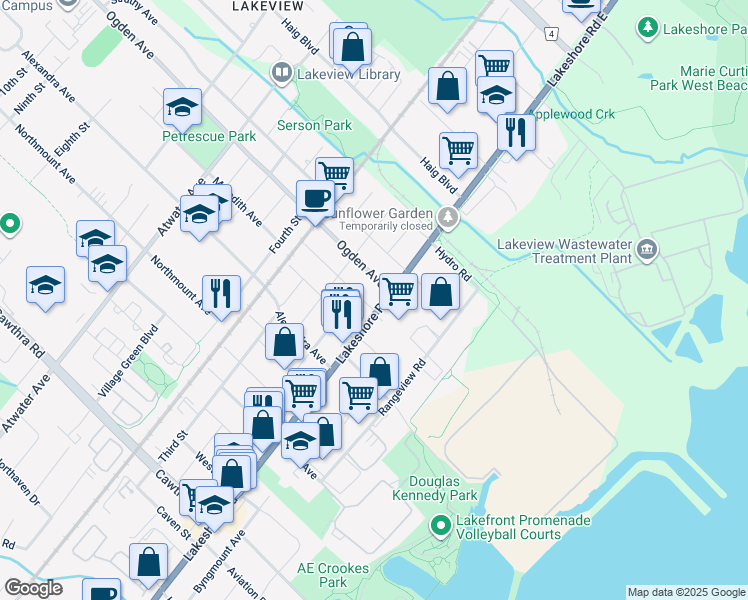 map of restaurants, bars, coffee shops, grocery stores, and more near 1007 Lakeshore Road East in Mississauga