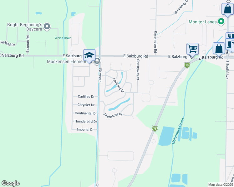 map of restaurants, bars, coffee shops, grocery stores, and more near 5627 Spring Knoll Drive in Bay City