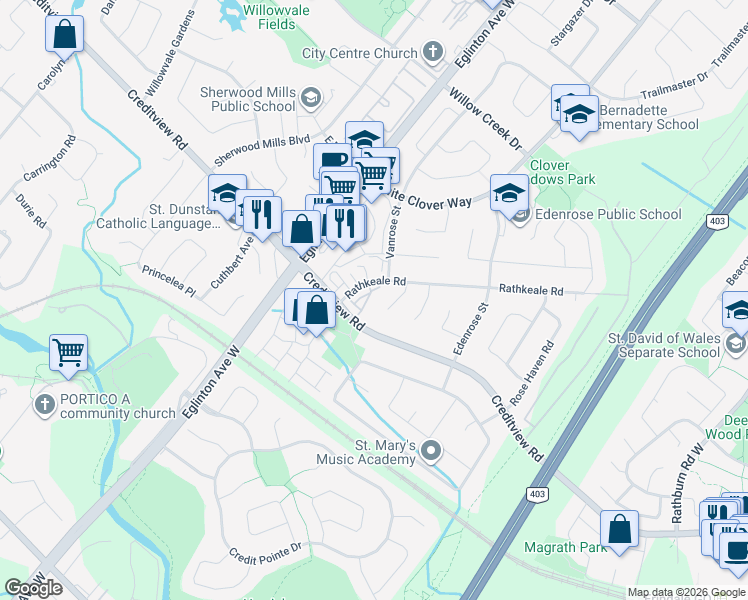 map of restaurants, bars, coffee shops, grocery stores, and more near 4920 Rathkeale Road in Mississauga