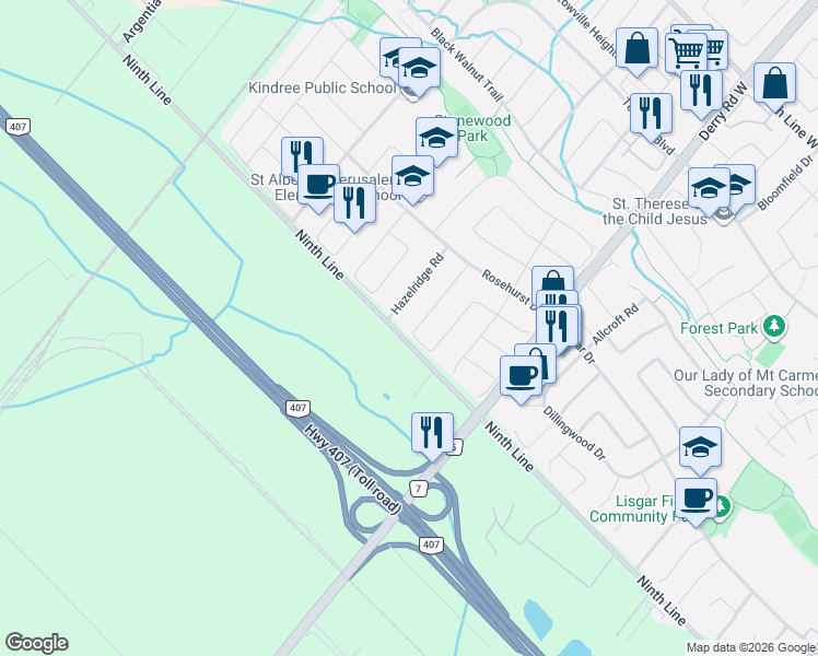 map of restaurants, bars, coffee shops, grocery stores, and more near 3811 Densbury Drive in Mississauga