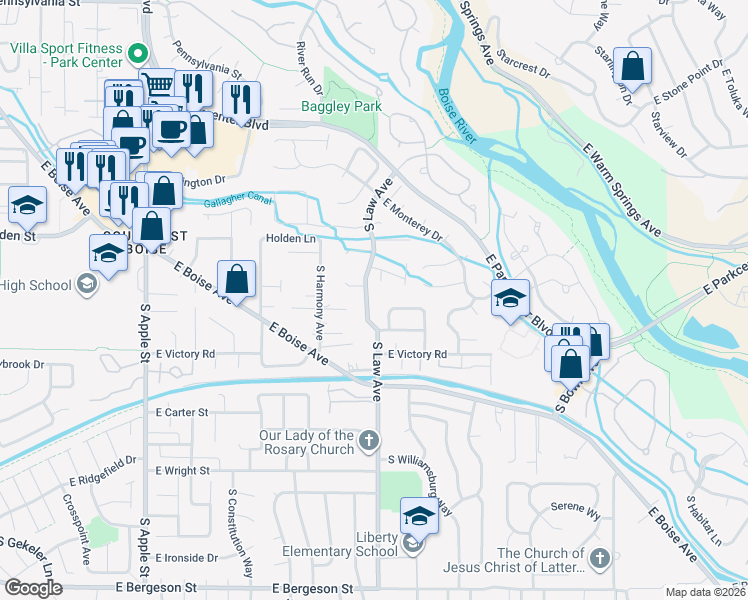 map of restaurants, bars, coffee shops, grocery stores, and more near 1636 East Canova Drive in Boise