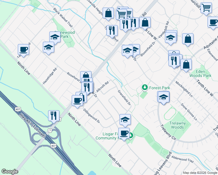 map of restaurants, bars, coffee shops, grocery stores, and more near 3817 Craighurst Avenue in Mississauga