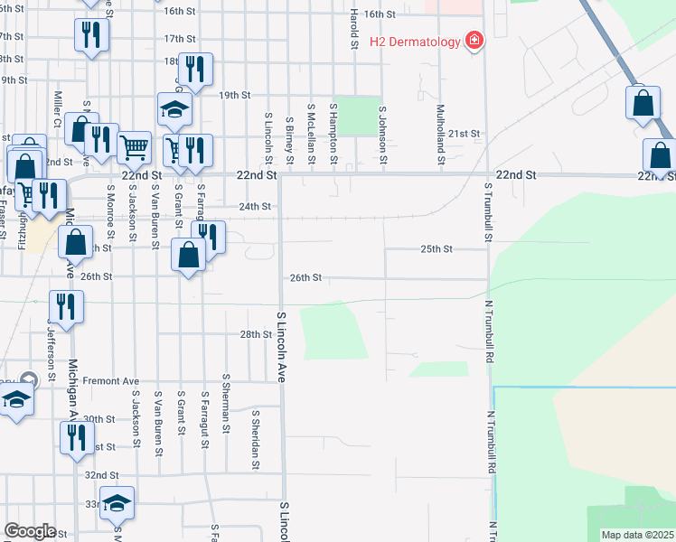 map of restaurants, bars, coffee shops, grocery stores, and more near 2301 26th Street in Bay City