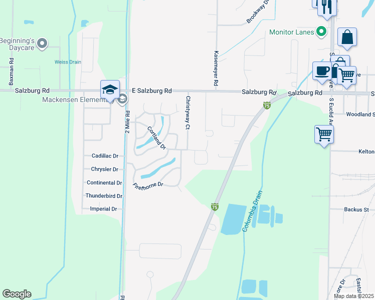 map of restaurants, bars, coffee shops, grocery stores, and more near 3301 Cortland Drive in Bay City