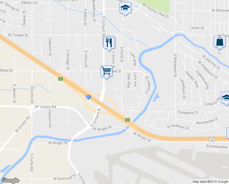 map of restaurants, bars, coffee shops, grocery stores, and more near 2816 South Orchard Street in Boise