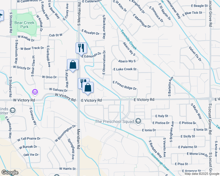map of restaurants, bars, coffee shops, grocery stores, and more near 3061 South Andros Way in Meridian