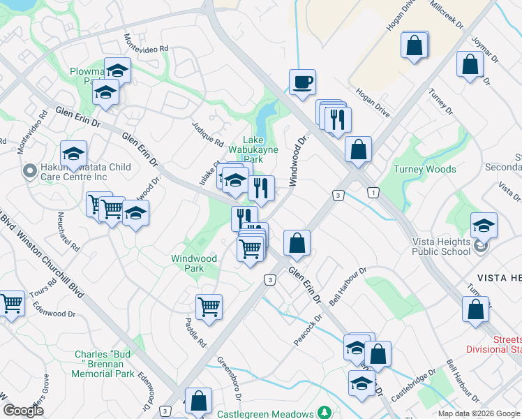 map of restaurants, bars, coffee shops, grocery stores, and more near 2665 Windwood Drive in Mississauga