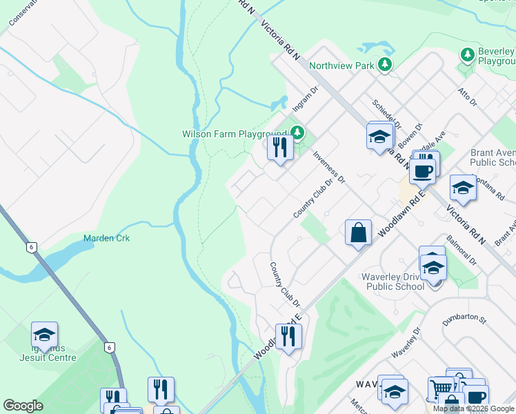 map of restaurants, bars, coffee shops, grocery stores, and more near 27 Hilltop Road in Guelph