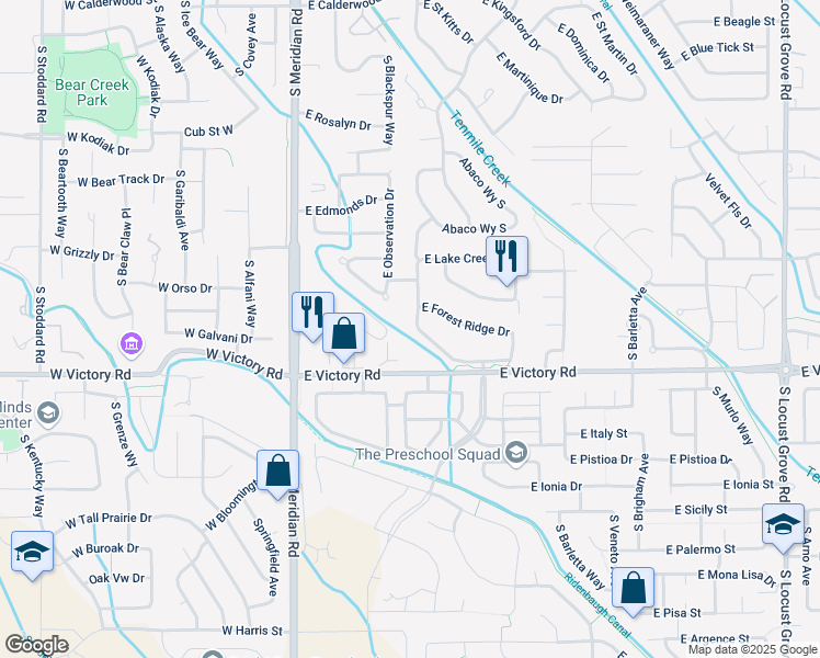 map of restaurants, bars, coffee shops, grocery stores, and more near 3061 South Andros Way in Meridian