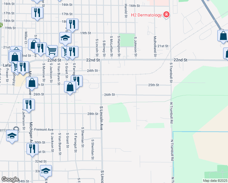 map of restaurants, bars, coffee shops, grocery stores, and more near 2301 26th Street in Bay City