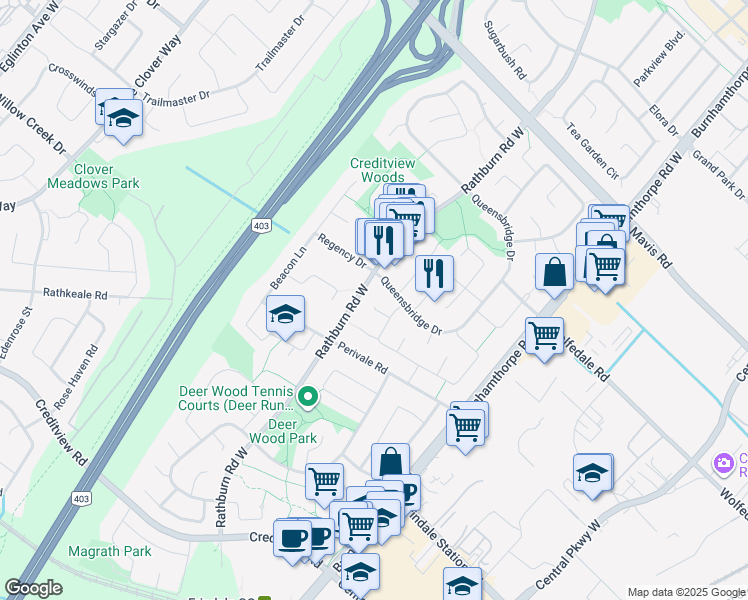 map of restaurants, bars, coffee shops, grocery stores, and more near 4157 Sandover Court in Mississauga